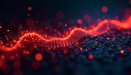 Abstract digital wave with red particles on dark backgroundの写真素材