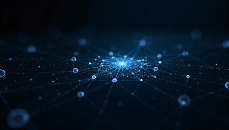 Abstract network connecting nodes with glowing central point