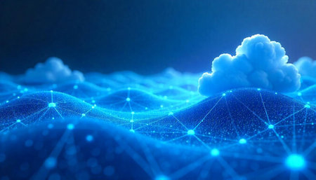 Abstract network landscape with cloud computing on wavy backgroundの写真素材