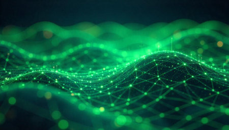 Abstract glowing green network lines over dark backgroundの写真素材