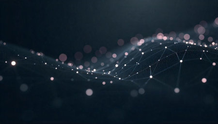 Abstract network connection concept with white glowing nodes on blueの写真素材
