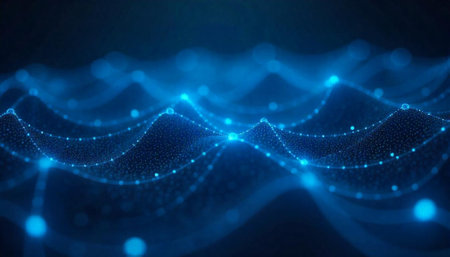 Abstract blue network data waves connecting points on dark backgroundの写真素材