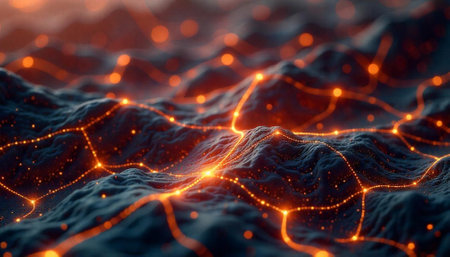 Abstract digital network landscape with glowing connections over terrain