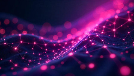 Abstract interconnected network of nodes on dark blue backgroundの写真素材