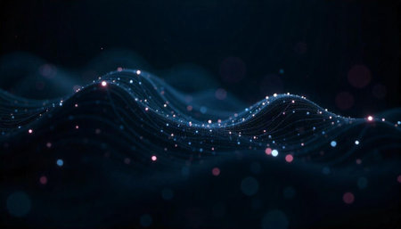 Abstract data wave with glowing dots on dark backgroundの写真素材