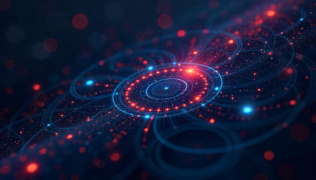 Abstract digital network background with glowing circles and dotsの写真素材