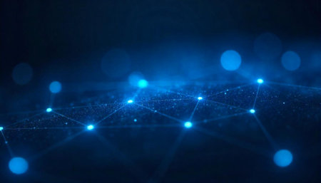 Blue network connection nodes in connected data transmission conceptの写真素材