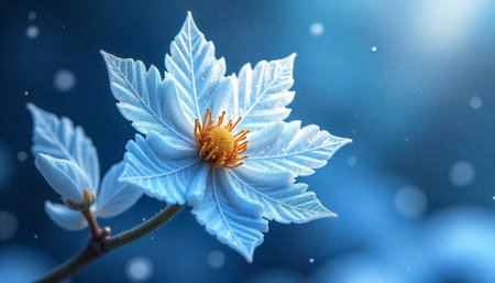 Delicate ice flower against a soft blue winter backgroundの写真素材