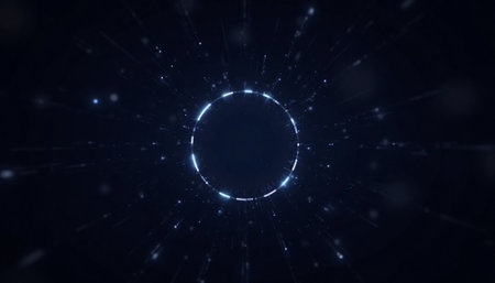 Abstract dark blue futuristic circle with radial light streaksの写真素材