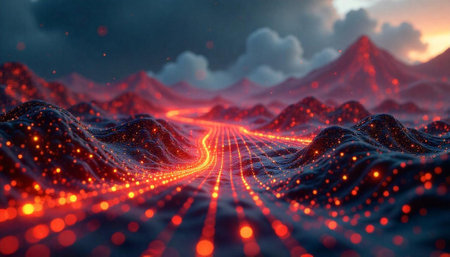Abstract data landscape with illuminated pathways and mountainous terrain