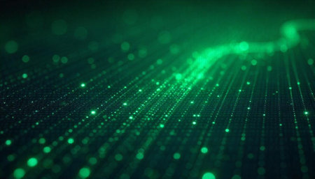 Abstract green light beams flow across a dark surface