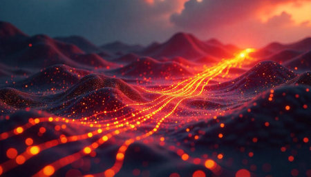 Glowing pathways over textured landscape at sunset abstract conceptの写真素材