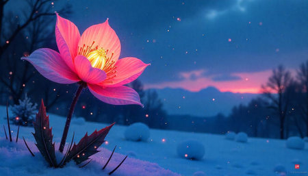 Pink flower emerging from the snow at blue hourの写真素材