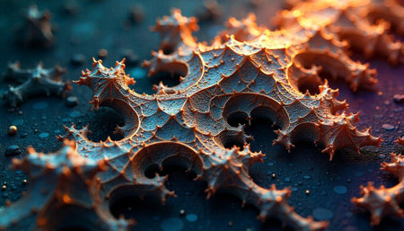Complex fractal pattern illustration in teal and copper tones