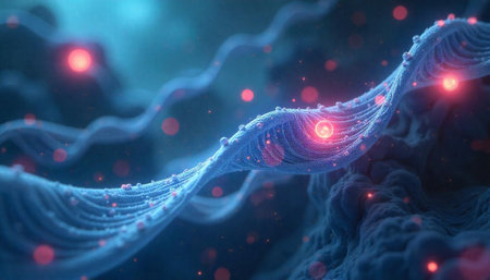 Abstract blue fibrous structure with red glowing spheres