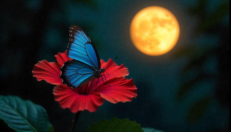 Blue butterfly on a red hibiscus flower at nightの写真素材