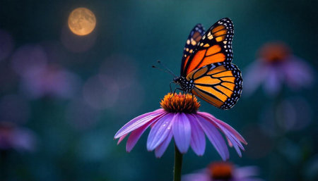 Monarch butterfly on purple coneflower blossom at twilightの写真素材