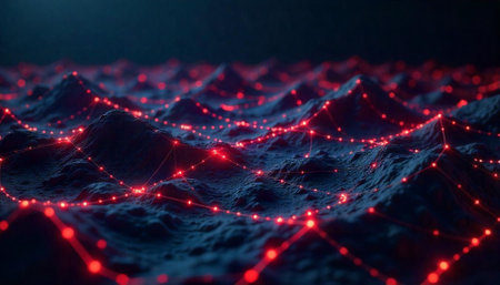 Abstract network landscape with red glowing lines and dotsの写真素材