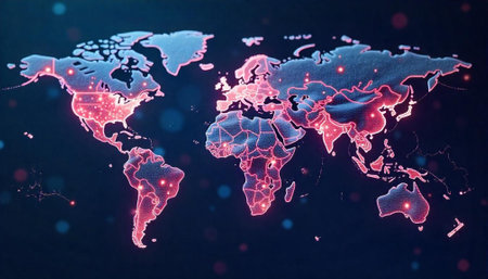 Global network illustration with glowing connections on a mapの写真素材