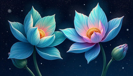 Dreamy lotus flowers glowing against a dark starry backgroundの写真素材