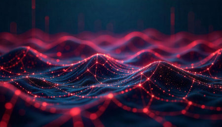 Abstract wave pattern with glowing red light connectionsの写真素材