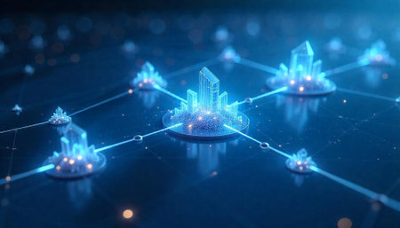 Connected glowing crystal network with blue color scheme background