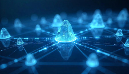Connected Network of Crystalline Nodes in a Blue Digital Landscape