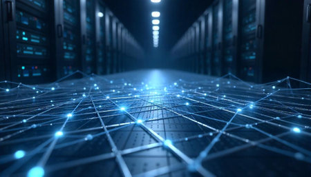 Data center network connection with light trails visualization effect