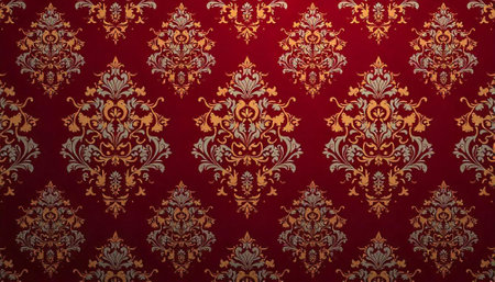 Elegant ornamental damask seamless pattern on a deep red backgroundの写真素材
