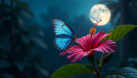 Blue butterfly on pink hibiscus with moonlight backgroundの写真素材