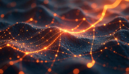 Abstract network connection structure with glowing orange data points