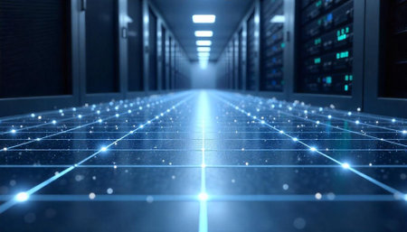 Server Room Tunnel with Glowing Light Streaks on Floor