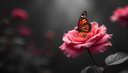 Monarch butterfly resting on a delicate pink rose blossomの写真素材