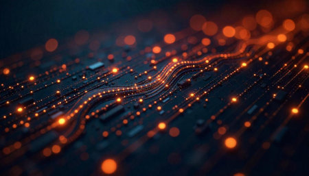 Abstract digital circuit board with flowing orange light pathways