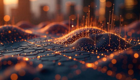 Abstract technology landscape with network connections and city backdropの写真素材
