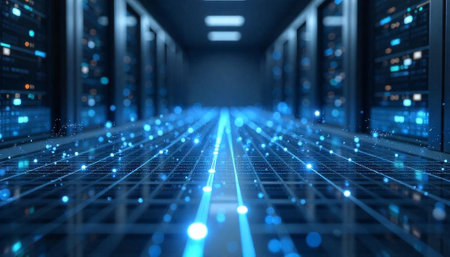 Data center hallway with servers and blue glowing lightsの写真素材