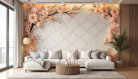 Elegant living room featuring floral wall decor and modern furniture