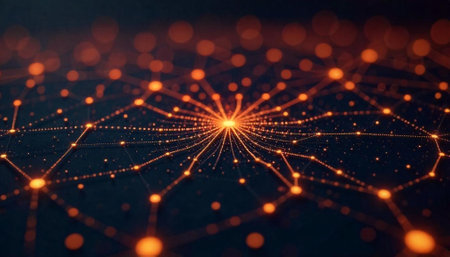 Abstract network connectivity with orange dots on dark backgroundの写真素材