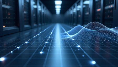Server room visualization with data stream and wireframe landscape