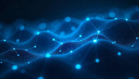 Abstract blue network connections with glowing nodes image backgroundの写真素材