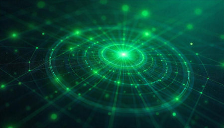 Abstract green glowing network connection data visualization illustrationの写真素材