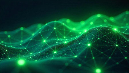Abstract digital network with glowing green connections and nodesの写真素材