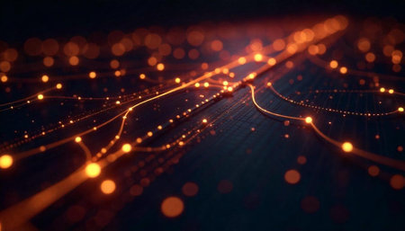 Abstract data stream on dark grid network backgroundの写真素材