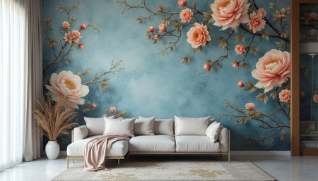 Elegant living room interior with floral wallpaper and sofaの写真素材