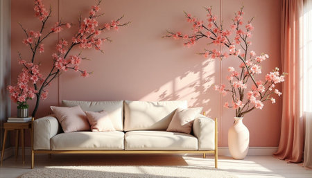 Modern interior with neutral sofa and pink cherry blossomsの写真素材