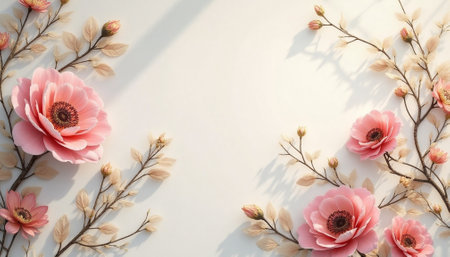 Floral background featuring pink flowers and branches on white