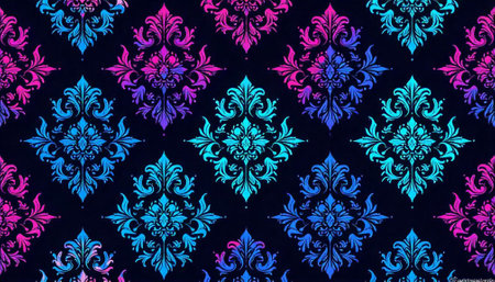 Elegant Damask Pattern with Neon Color Gradient on Dark Background