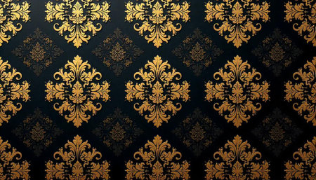 Elegant golden damask pattern on rich dark background textureの写真素材