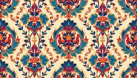 Elegant floral damask pattern in red, blue, and orange