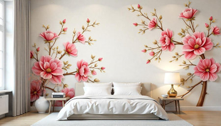 Elegant bedroom with floral wall mural and soft lighting
